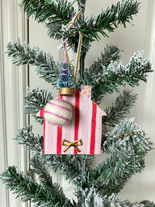 Wooden House Ornament - Candy Stripe