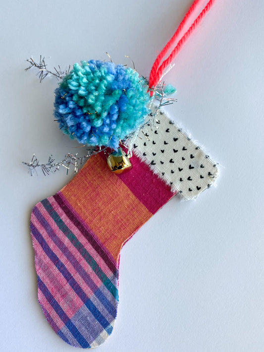 Stocking Ornament - Plaid Hearts