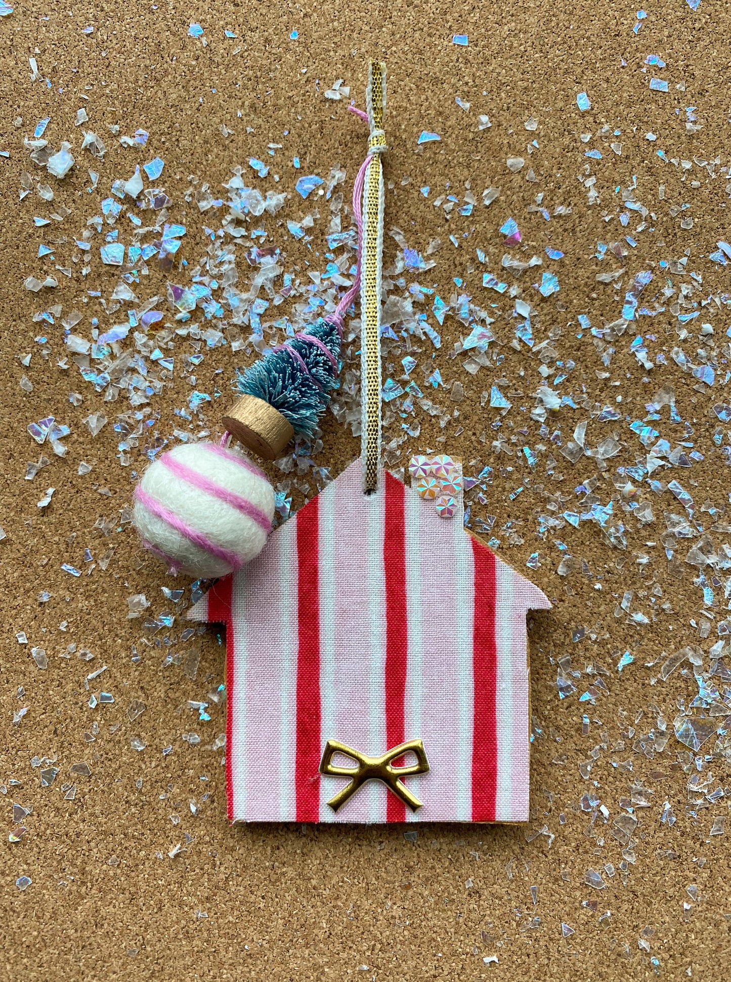 Wooden House Ornament - Candy Stripe